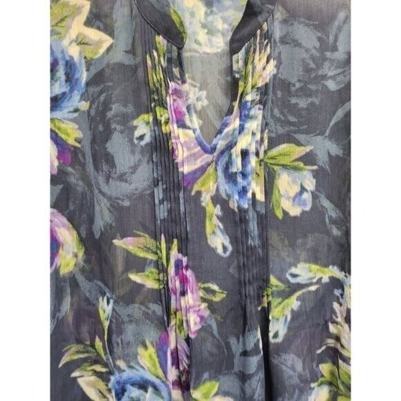 Susan Graver Womens BOHO Blouse Top Medium NavyFloral Sheer Chiffon Long Sleeve - Picture 2 of 11